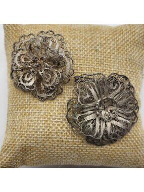 Beautiful Mexico Silver Filigree Flower brooch pin lot of 2 Estate Jewelry
